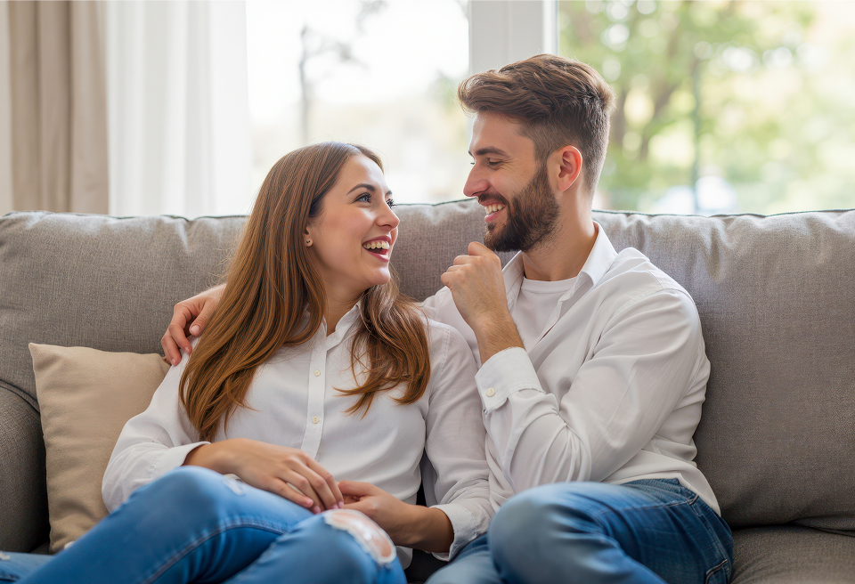 Un couple communique sereinement sur un canapé